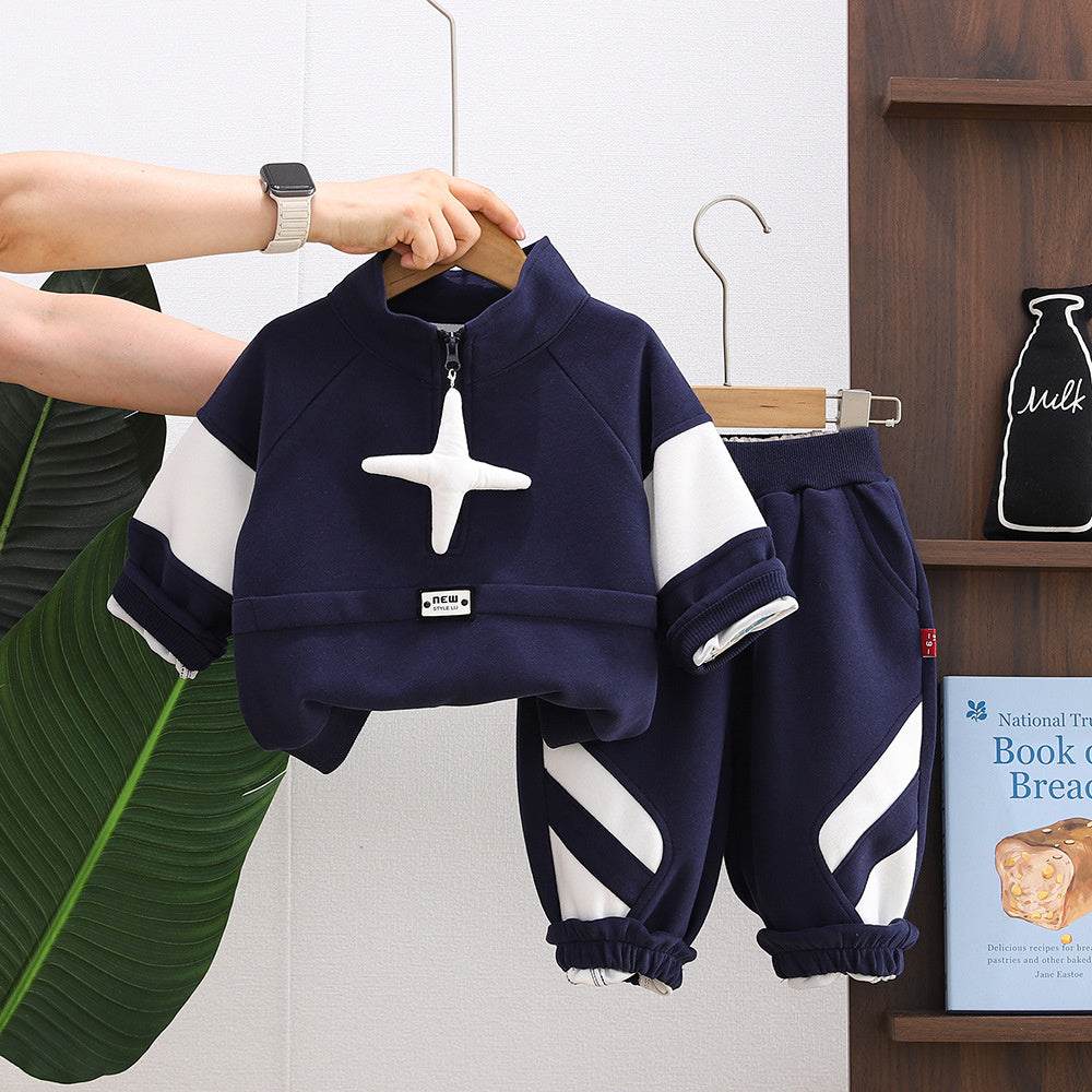Boys' Outfit 2026 Spring and Autumn Clothes Infant Children's Half-Zip Star Sweatshirt Baby Two-Piece Trendy Set