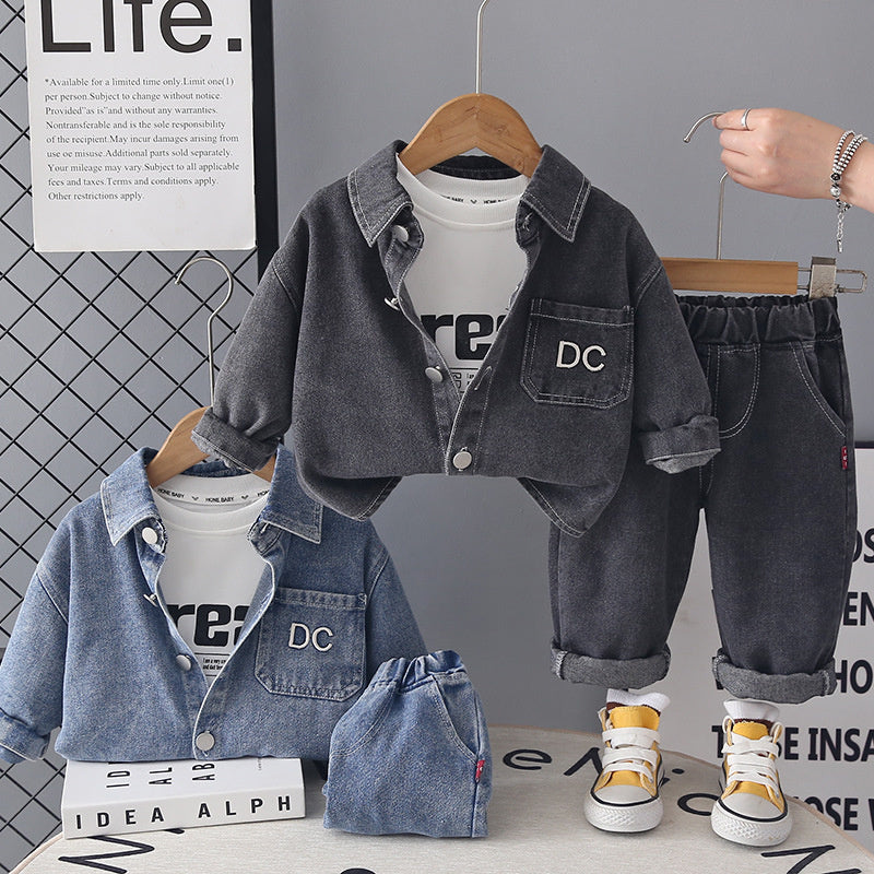 Boys' Spring and Outfit 2026 New Fashionable Casual Denim Three-Piece Set Children, Trendy Autumn Jacket for Babies