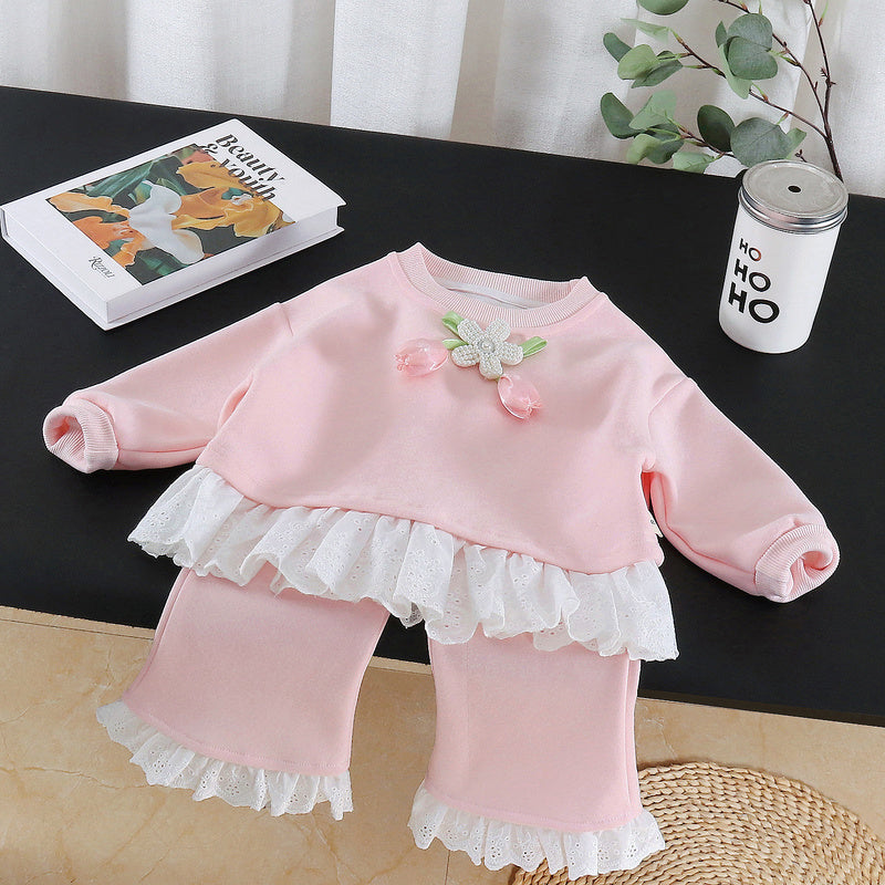 Girls' stylish hem lace sweatshirt spring and autumn set 2026 new children's fashion baby floral two-piece trendy outfit