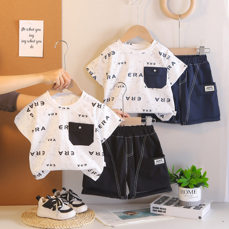 Boys' Summer Short-Sleeve Outfit 2026 New Fashionable Two-Piece Set for Children, Baby Clothes with Full Letter Print, Trendy