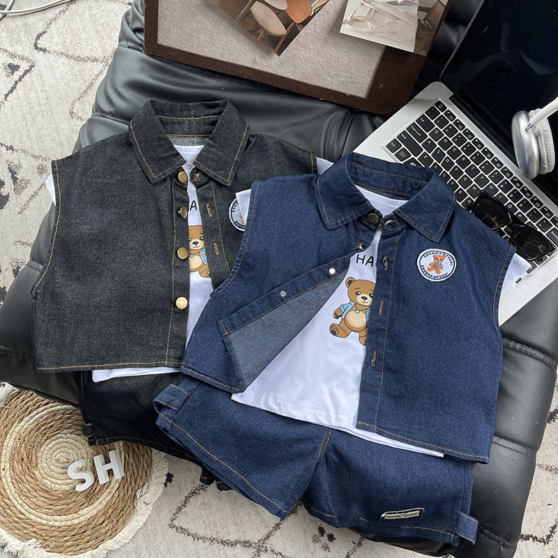 Boys' Summer Outfit: Stylish Children's Short-Sleeve Clothes, 2026 New Fashionable Baby Denim Vest Three-Piece Set