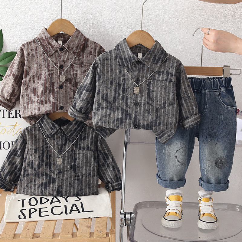 Boys' Suit 2026 New Spring and Autumn Style Children's Fashionable Striped Shirt Baby Casual Two-Piece Set Trendy Wholesale