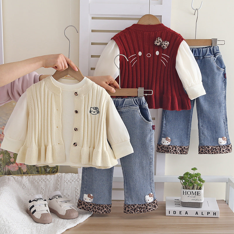 Girls' Cartoon Kitten Sweater Three-Piece Set, Stylish Fashionable Spring Autumn Clothes for Girls and Babies