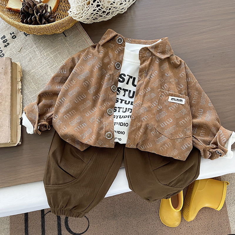 Boys' and Autumn Outfit 2026 New Children's Spring Printed Corduroy Three-Piece Set for Boys, Trendy Baby Clothes