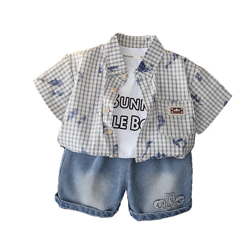 Boys' Short-Sleeve 2026 New Stylish Baby Summer Clothes Fashionable Plaid Shirt Three-Piece Set Trendy