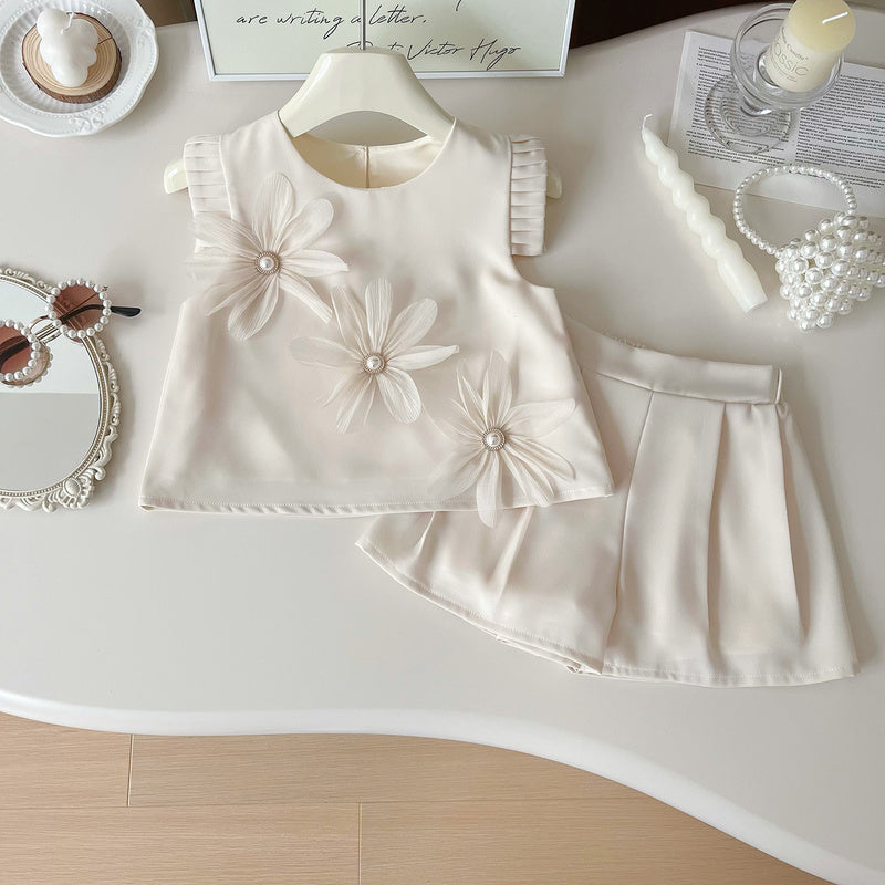 Girls' Outfit 2024 Summer New Korean Style Floral Vest Shirt + Shorts Children's Princess Two-Piece Set