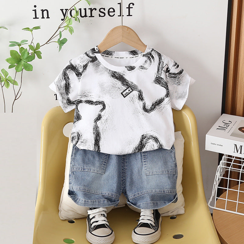 Boys' Outfit 2026 New Style Children's Thin Graffiti Short Sleeve Shorts Two-Piece Set Trendy Baby Summer Fashion
