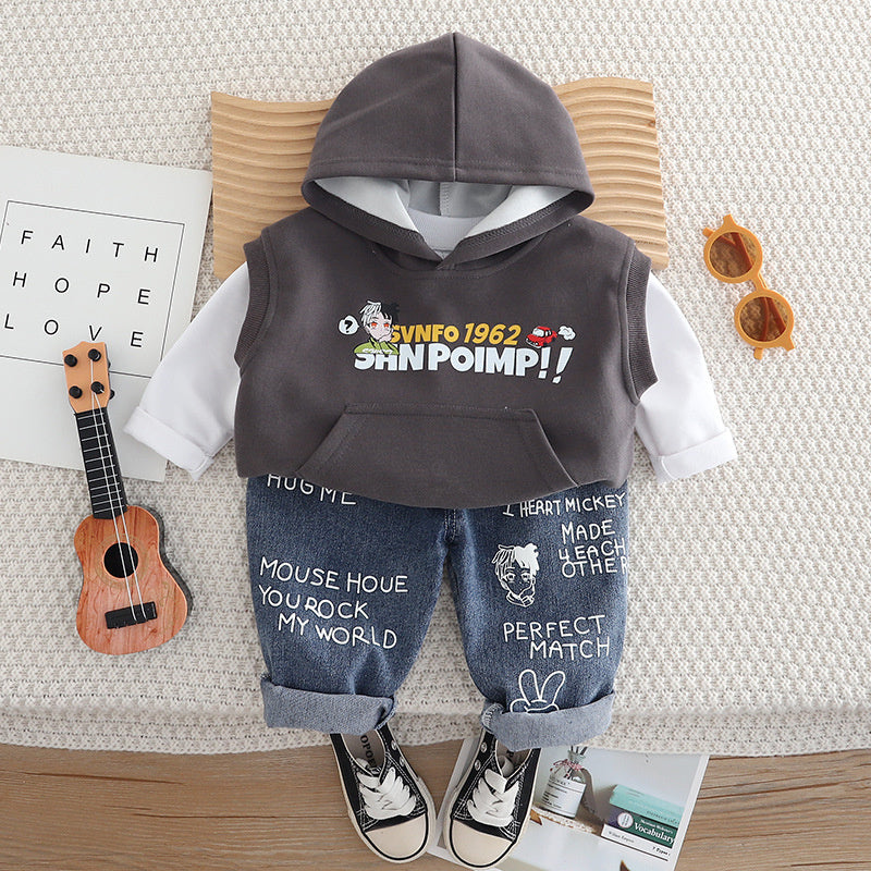 Boys' Outfit 2025 New Children's Hooded Vest Three-Piece Set for 1 to 4 Year Old Baby Boys Spring and Autumn