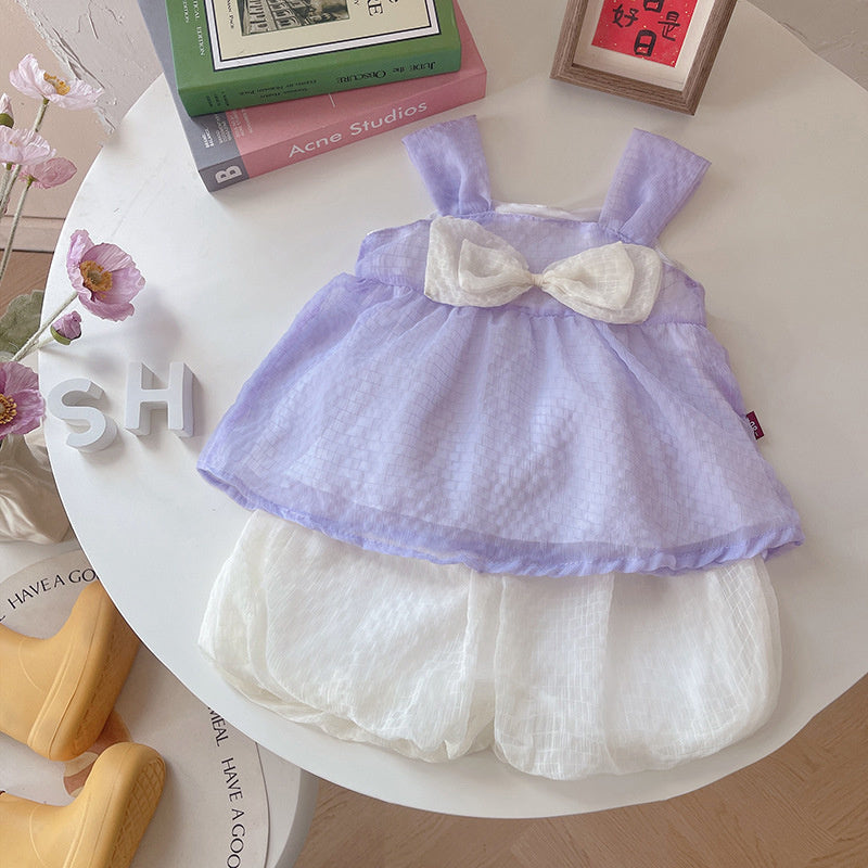 2026 Girls' Strap Dress with Big Bow and Tulle Skirt Set, Korean Style Casual Cute Summer Outfit, New Two-Piece Trendy Set