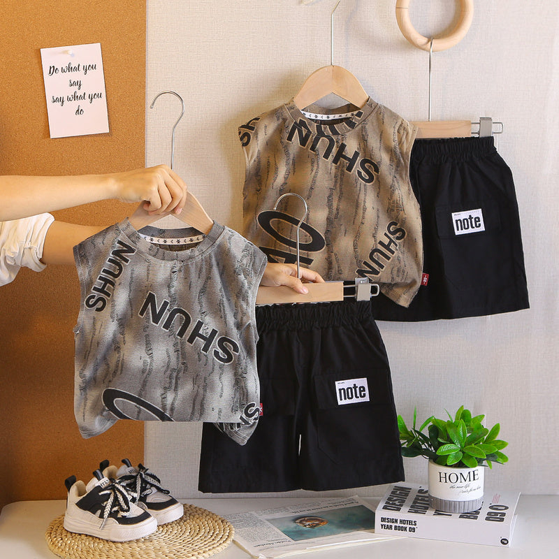 Boys' Outfit Children's New Style Baby Boy Summer Letter Print Sleeveless Two-Piece Set Trendy for 1-4 Years Old