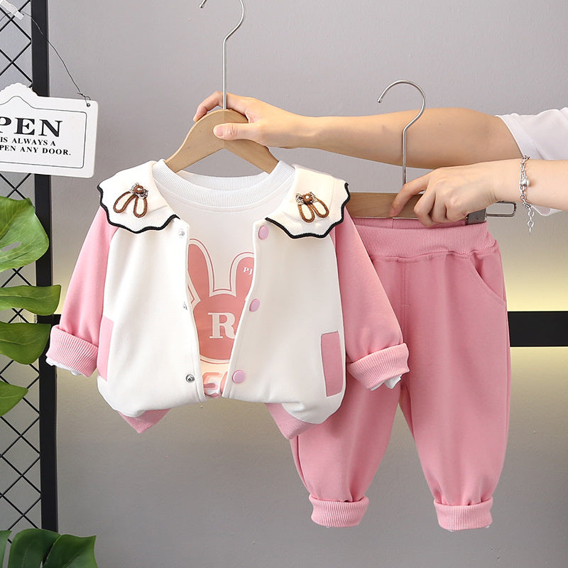 Girls' Outfit Stylish One-Year-Old Baby Clothes Fashionable Toddler Children's Spring and Autumn Ear Bunny Three-Piece Set Trendy