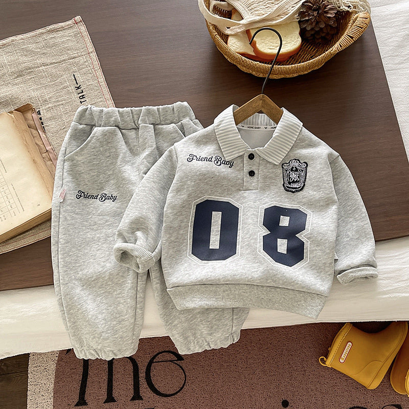 Baby boy's stylish outfit, front-button shirt set, fashionable spring autumn sports sweatshirt two-piece set for infants and children, 2026 new model