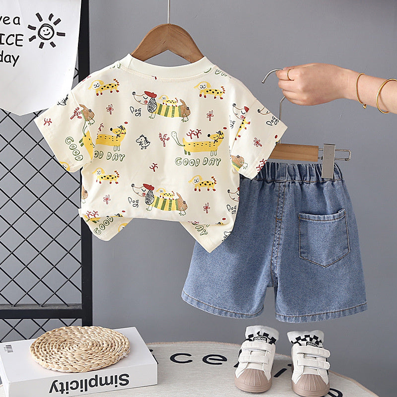 Boys' Summer Outfit: Children's Short-Sleeve Shirt with Dog Print and Denim Shorts Two-Piece Set for 1-3 Year Old Boys