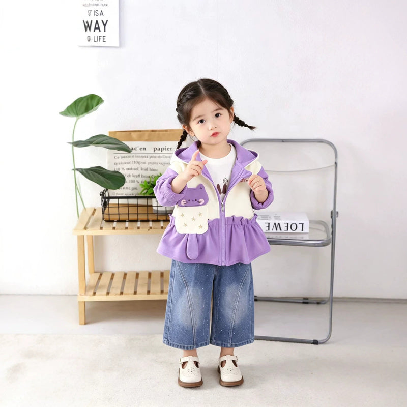 Girls' Spring and Autumn Fashionable Outfit, Children's Clothing 2026 New Cute Long-Tailed Bear Three-Piece Set, Trendy Baby Girl Wholesale