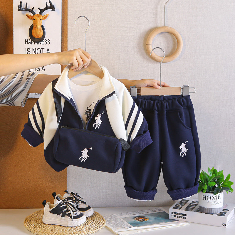 Boys' Casual Sports Suit Korean Style Fashionable Baby Patchwork Embroidery Three-Piece Spring Autumn Children's Outfit