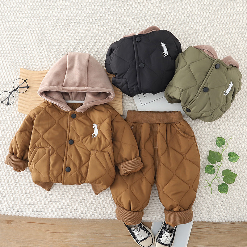 Boys' Autumn-Winter Outfit 2026 New Cartoon Children's Fleece-Lined Jacket Two-Piece Set Baby Winter Clothes Trendy Wholesale