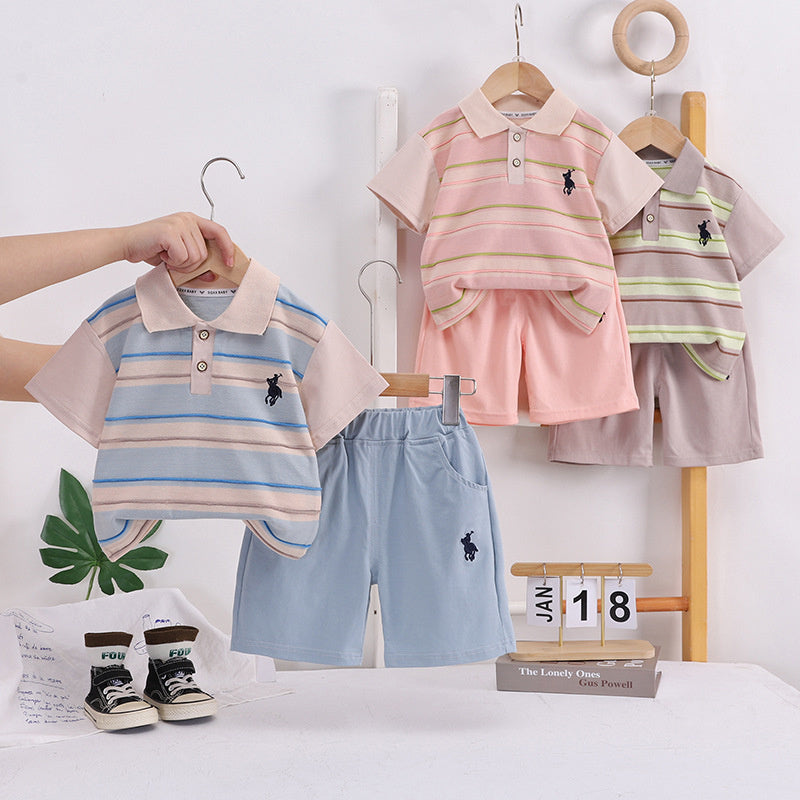 Boys' Outfit 2026 New Trendy Baby Summer Striped Embroidered Short Sleeve Clothes Fashionable Two-Piece Set