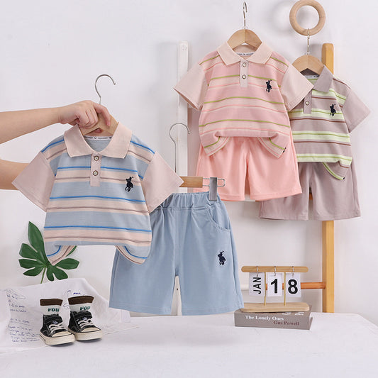 Boys' Outfit 2026 New Trendy Baby Summer Striped Embroidered Short Sleeve Clothes Fashionable Two-Piece Set