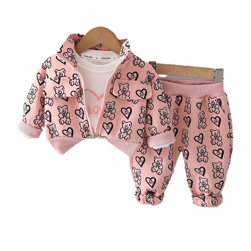 Girls' Casual Zipper Shirt 2026 New Baby Spring and Autumn Full-Print Heart Bear Jacket Three-Piece Set