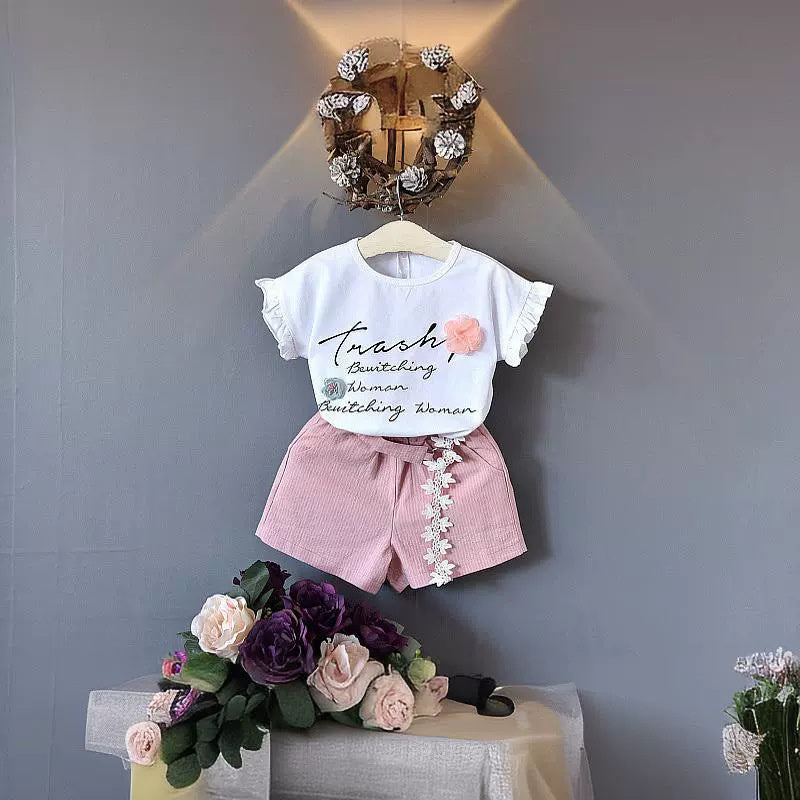 2024 New Summer Children's Clothing Set: Short-Sleeve Floral Letter T-Shirt + Shorts Two-Piece Casual Outfit for Girls