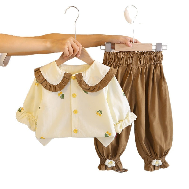 Baby set, children's clothing, toddler girl spring and long-sleeve outfit with small yellow flowers, stylish autumn wear for girls