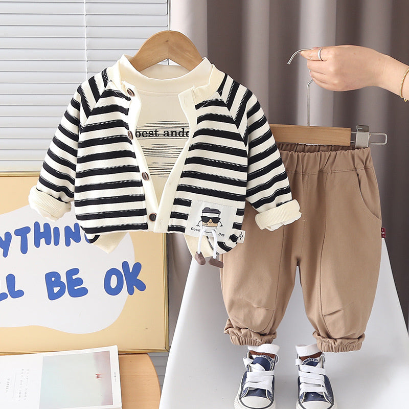 Boys' Outfit Stylish One-Year-Old Baby Spring and Autumn Striped Cardigan Three-Piece Set Infant Toddler Clothing Trendy