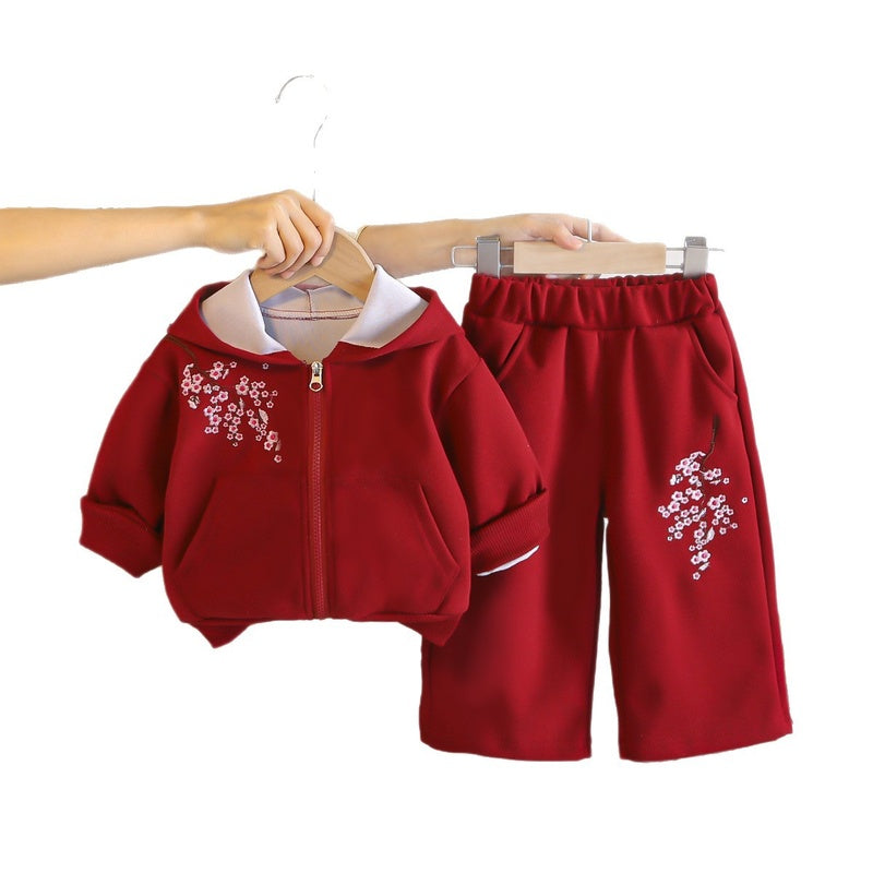 Girls' Spring and Outfit 2026 New Fashionable Children's Autumn Casual Hooded Plum Blossom Jacket Two-Piece Set Wholesale
