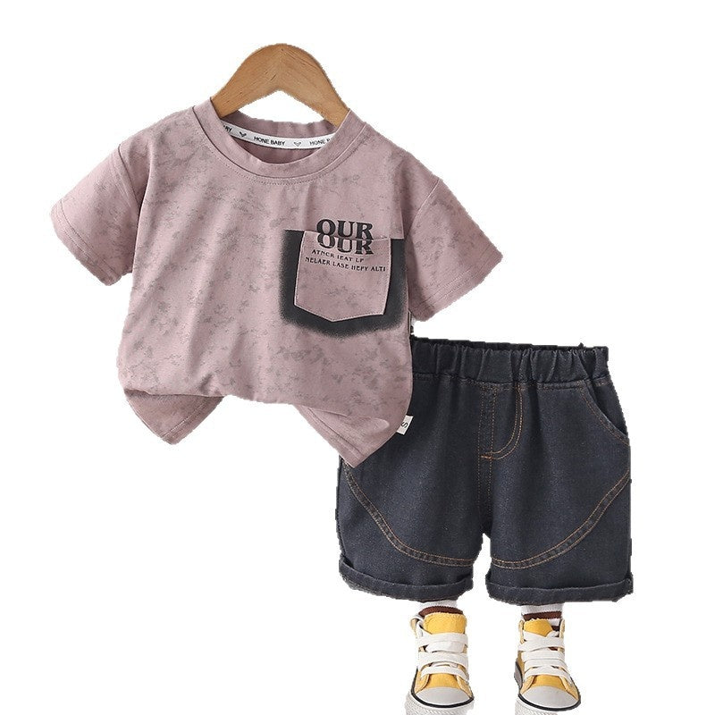 Boys' clothing, children's short-sleeve new style boys, summer letter-print two-piece set, stylish and trendy for ages 1-4