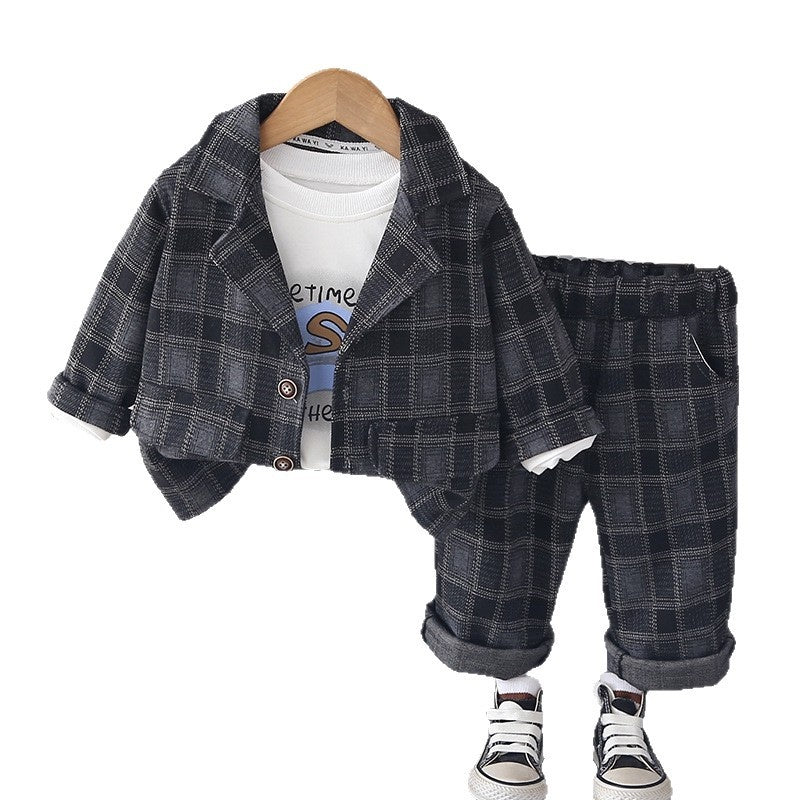 Children's Outfit Boys' Casual Plaid Suit Stylish One-Year-Old Baby Spring and Autumn Three-Piece Set Infant Toddler