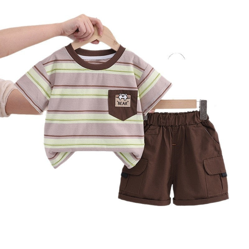 Children's clothing boys' outfit 2026 new style children's summer pocket striped short-sleeve two-piece set baby clothes