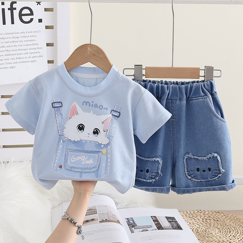 Girls' Summer Short-Sleeve Outfit 2026 New Fashionable Cartoon Cat Round-Neck Two-Piece Set for Children