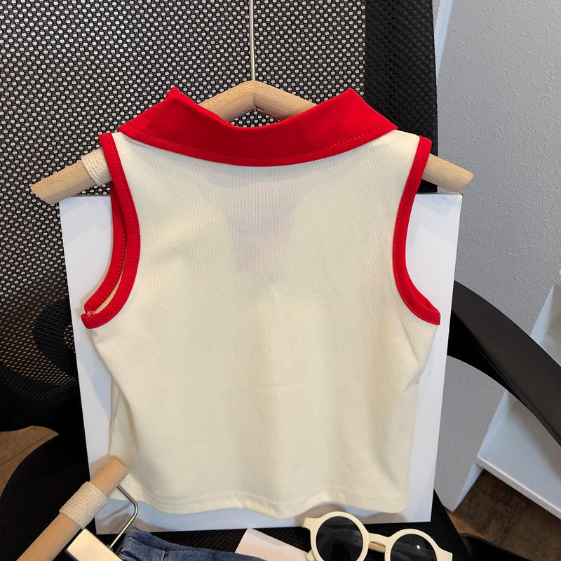 Cute Summer Two-Piece Set for Girls: Fashionable Collared Vest Top with Lace and Embroidered Jeans