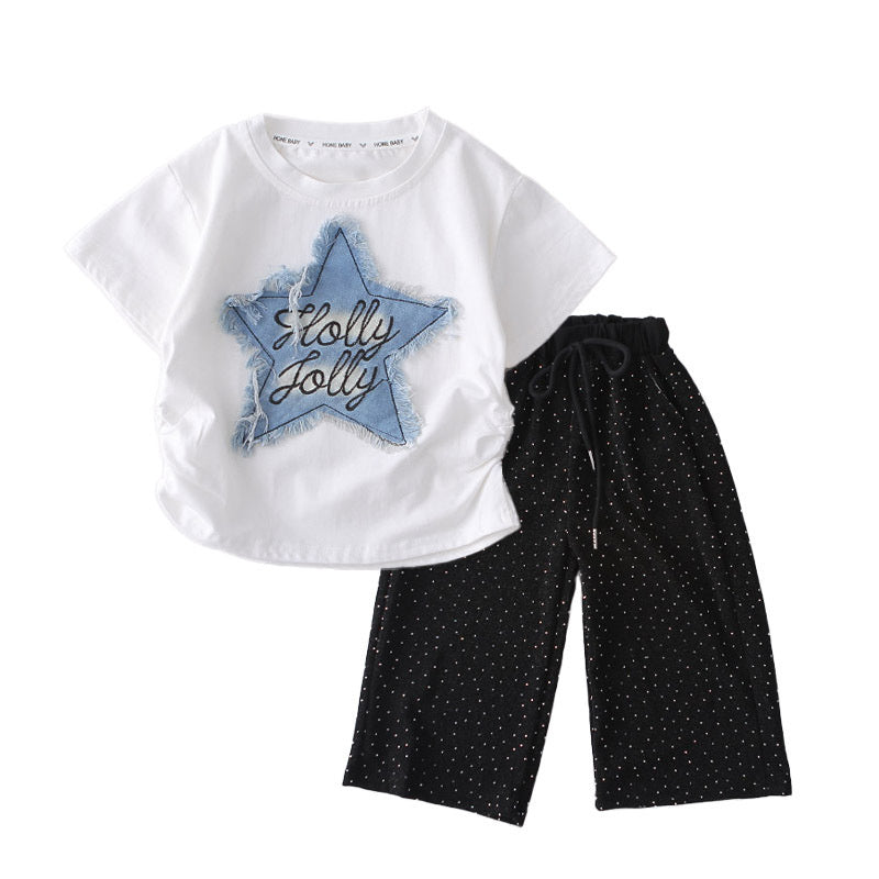 Children's Summer Stylish Outfit 2026 New Girls' Casual Rhinestone Star Short Sleeve Long Pants Two-Piece Set