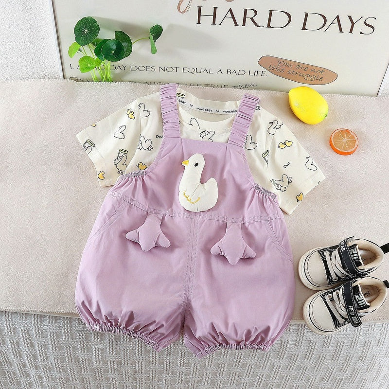 Girls' Summer Outfit, Stylish Children's Short-Sleeve Clothes, 2026 New Fashionable Baby Overalls Two-Piece Set