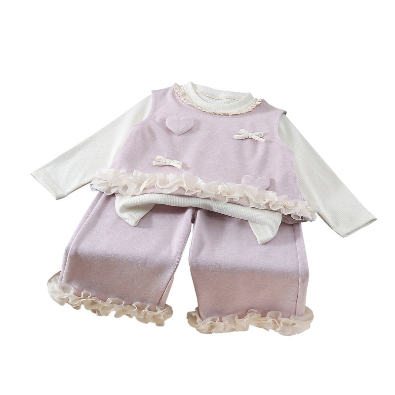 Children's clothing for girls, stylish outfit fashionable girl spring and autumn lace heart-shaped vest three-piece set, trendy baby clothes