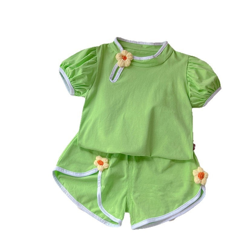 Girls' Summer Chinese Style Floral Short Sleeve 2026 New Fashionable Children's Casual Shorts Two-Piece Set