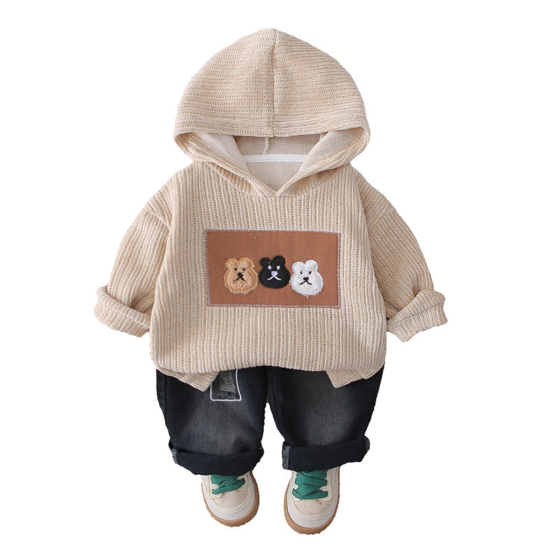 Children's Clothing Boys Spring and 2025 New Fashionable Baby Autumn Cartoon Three Bears Hooded Set