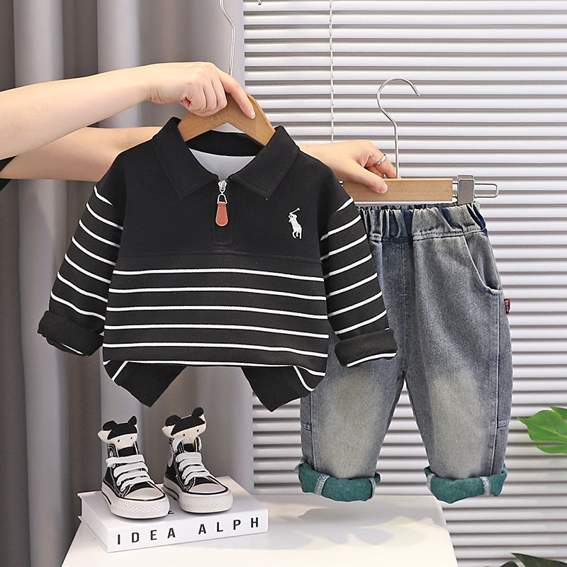 Boys' Autumn Outfit 2026 New Style Baby Boy Spring Fashionable Half-Zip Striped Two-Piece Set for Infants and Children