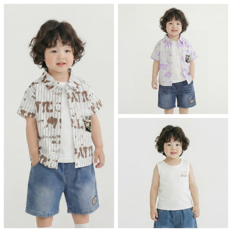 Boys' Outfit 2026 Stylish Thin Short-Sleeve Summer Suit for Boys, Children's Vertical Stripe Letter Shirt Three-Piece Set