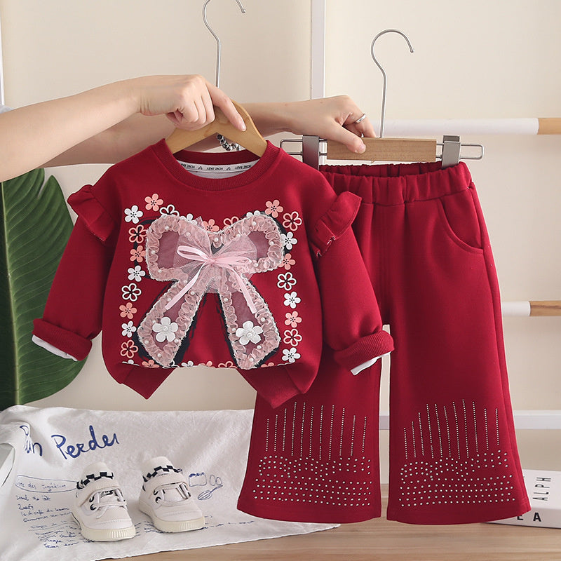 Girls' Outfit 2026 New Fashionable Baby Girl Clothes with Big Bow, Spring and Autumn Sweatshirt Two-Piece Set Trendy