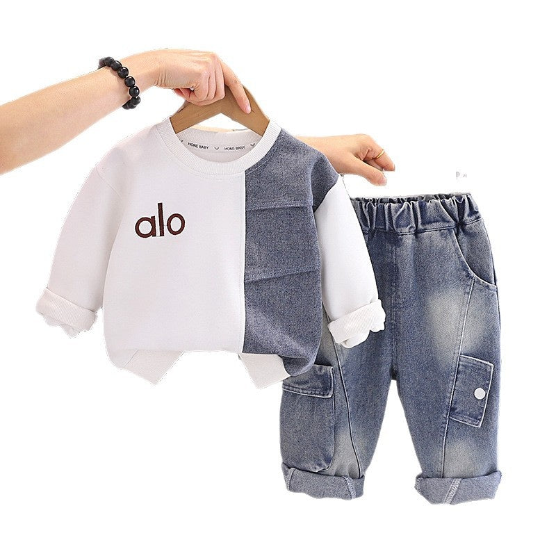 Boys' Outfit Korean Style Children's Stylish Letter Color Block Sweatshirt 2026 New Baby Spring and Autumn Two-Piece Set Trendy