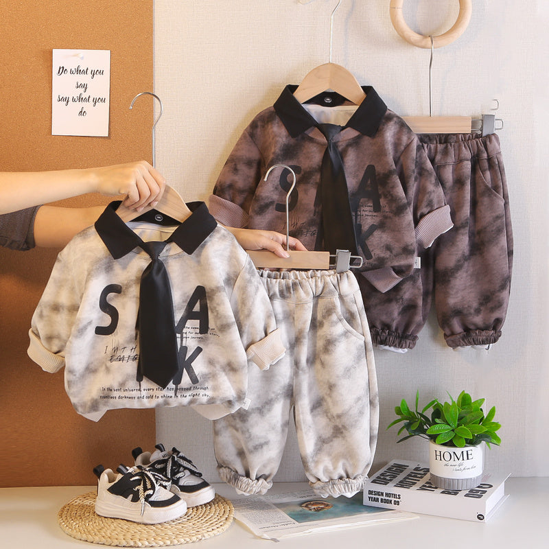 Boys' Outfit Infants Children, New Spring Autumn Style, Stylish Korean Version with Tie and Tie-Dye Long Sleeve Two-Piece Set for Boys
