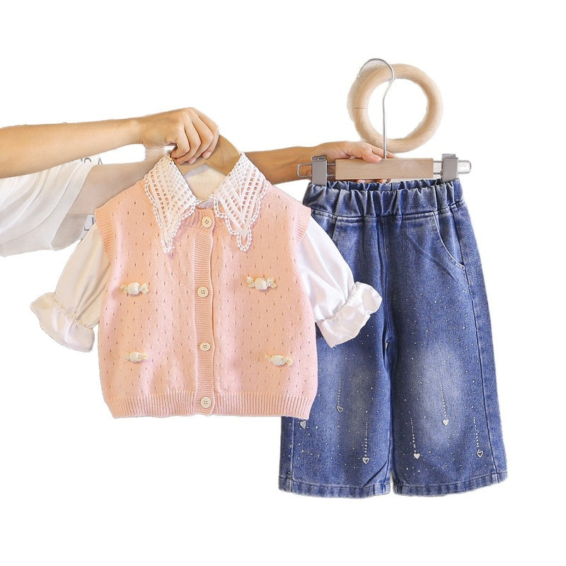 Girls' Spring and Autumn Outfit 2026 New Fashionable Candy-Colored Sweater Three-Piece Set for Children, Trendy Baby Fall Clothes