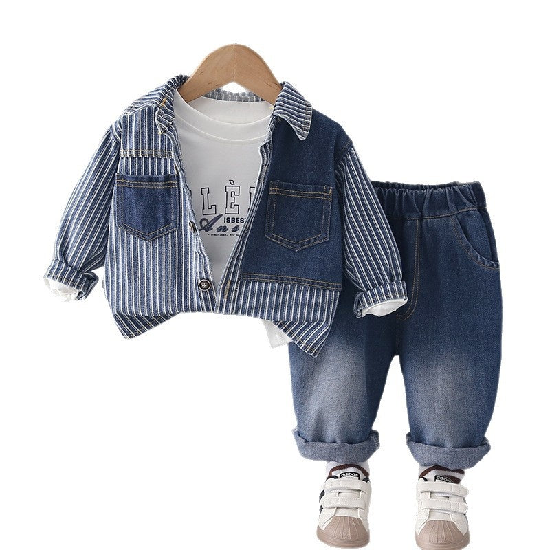 Boys' Spring Denim Vertical Stripe Patchwork Jacket 2026 Autumn New Korean Style Cool and Stylish Baby Boy Three-Piece Set