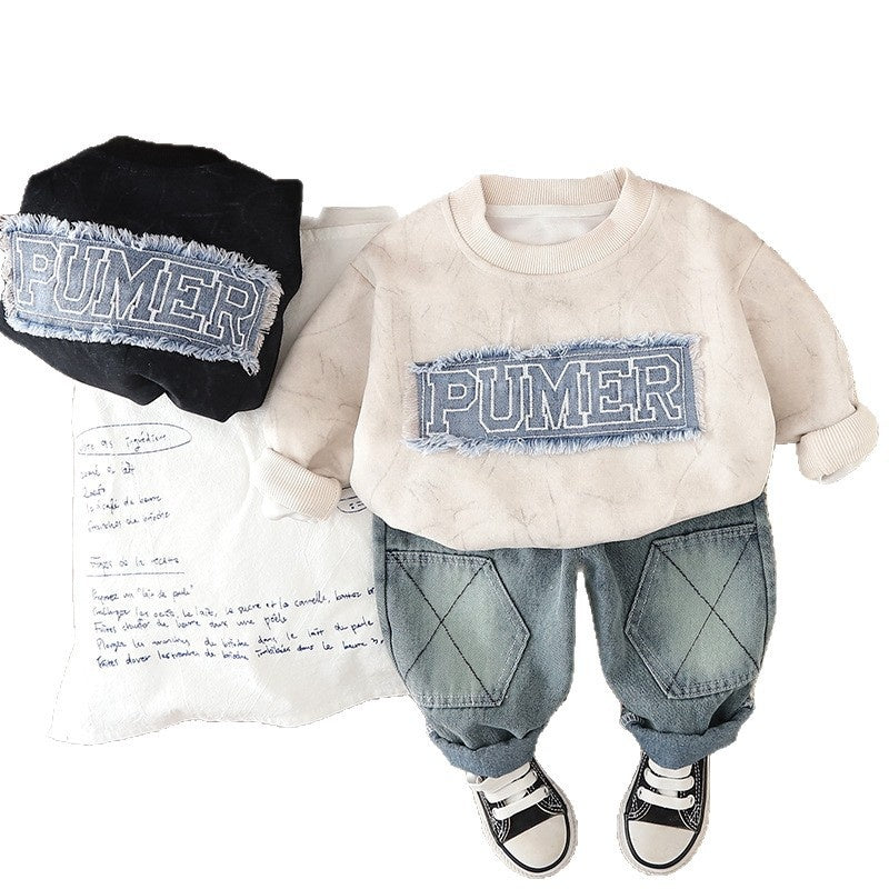 Boys' Spring and Sweatshirt 2025 New Stylish Baby Boy Autumn Letter Patch Long Sleeve Two-Piece Set