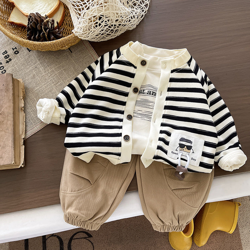 Boys' Outfit Stylish One-Year-Old Baby Spring and Autumn Striped Cardigan Three-Piece Set Infant Toddler Clothing Trendy