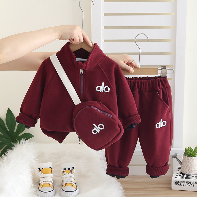 Trendy Boys Girls Crossbody Bag Half-Zip Spring and Autumn Sweatshirt Set 2025 New Children's Casual Sports Stylish Clothes