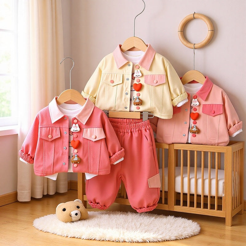 2026 New Spring Autumn Girls' Fashionable and Cute Workwear Jacket Long Sleeve Three-Piece Set for 0-5 Year Olds, Trendy from Manufacturer 3