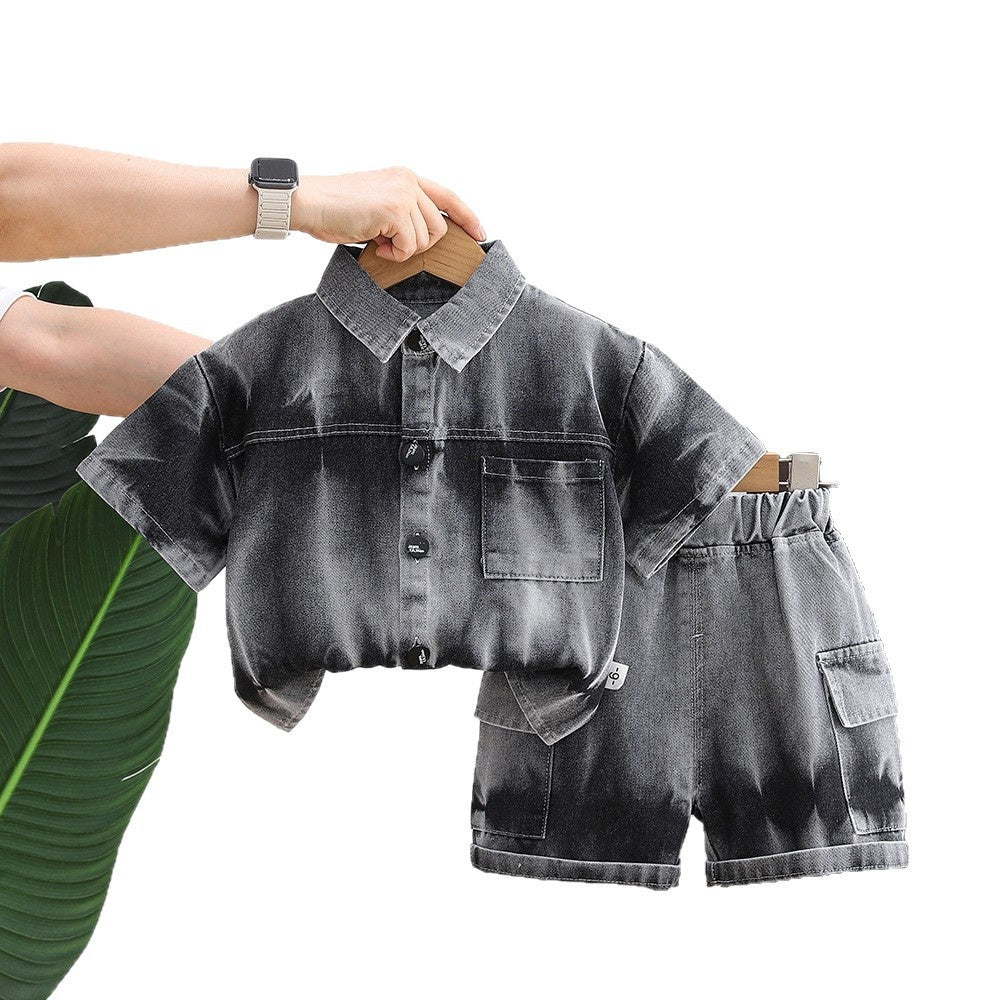 Boys' Outfit: Short-Sleeve Tie-Dye Denim Shirt Two-Piece Set, 2026 New Fashionable Thin Summer Style for Babies