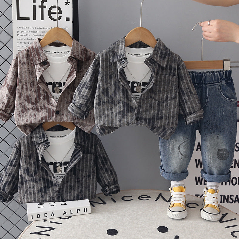 Boys' Outfit 2026 New Stylish Children's Clothing Three-Piece Set Baby Spring and Autumn Striped Shirt Jacket
